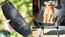 Helinox Chair Zero in its bag and assembled with a dog sitting on it
