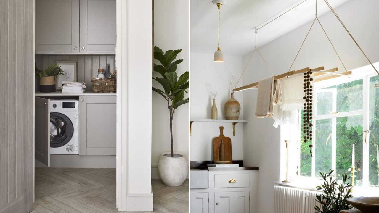 Two images of laundry rooms, one with a washing machine and one with a drying rack suspended from the ceiling