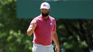 Jon Rahm of Spain reacts after making birdie on the third green during the final round of the 2024 Masters