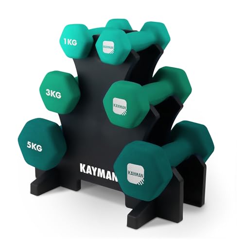 Kayman Neoprene Dumbbells Set With Stand &amp;ndash; 1kg, 2kg, 3kg Hex Hand Weights for Home and Gym &amp;ndash; Anti-Slip Grip, Water-Resistant Coating &amp;ndash; Weights Dumbbells Set for Strength Training and Workouts