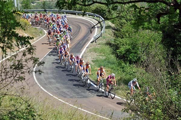 The peloton all strung out during stage 14.