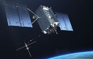 An artist's illustration of a GPS III Magellan navigation satellite built by Lockheed Martin.