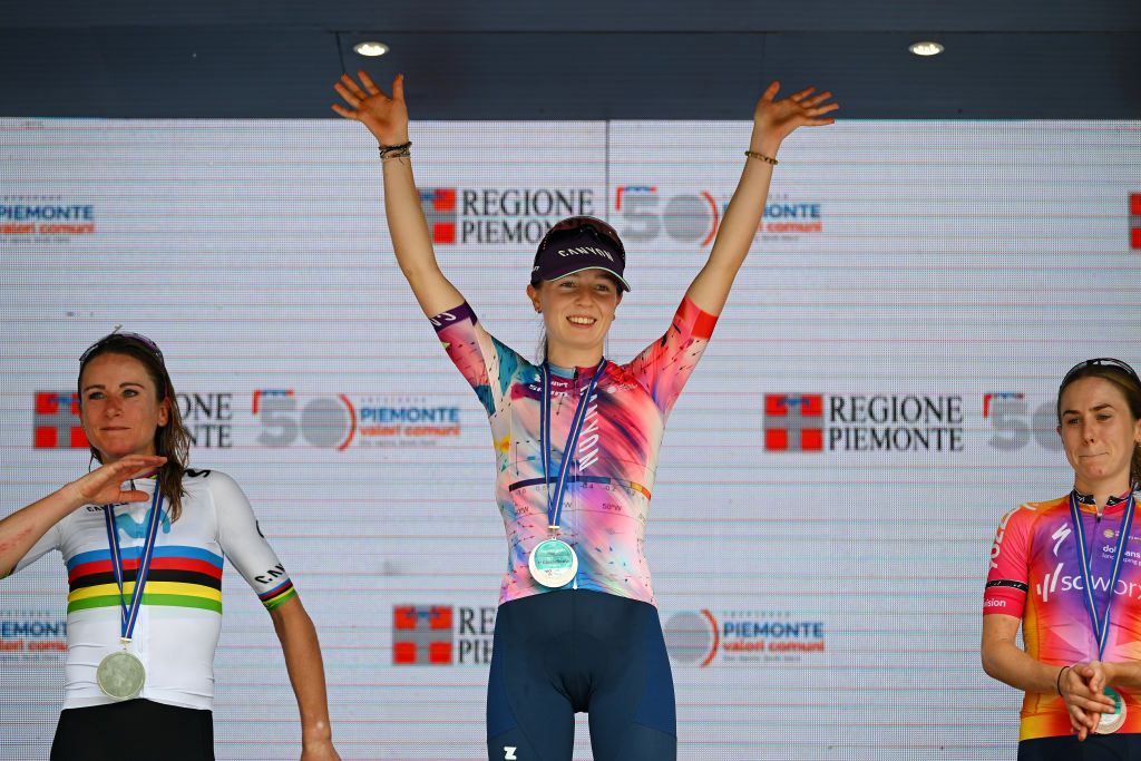 CERES ITALY JULY 04 LR Annemiek Van Vleuten of The Netherlands and Movistar Team on second place stage winner Antonia Niedermaier of Germany and Team CanyonSRAM Racing and Niamh FisherBlack of New Zealand and Team SD Worx on third place pose on the podium ceremony after the 34th Giro dItalia Donne 2023 Stage 5 a 1056km stage from Salassa to Ceres UCIWWT on July 04 2023 in Ceres Italy Photo by Dario BelingheriGetty Images