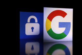 Close up Google logo with the security lock icon isolated on black background
