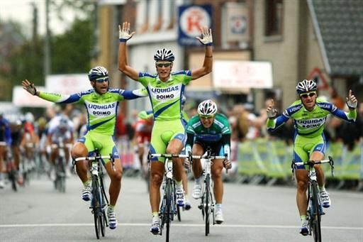 Jacopo Guarnieri, second from left, leads a one-two-three finish for Liquigas-Doimo in stage two of the Circuit Franco-Belge.