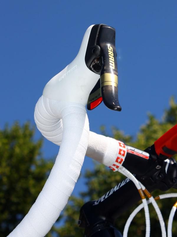 Gold accents are also on Cancellara's SRAM Red DoubleTap levers while his bars get finished with Swiss flag tape.