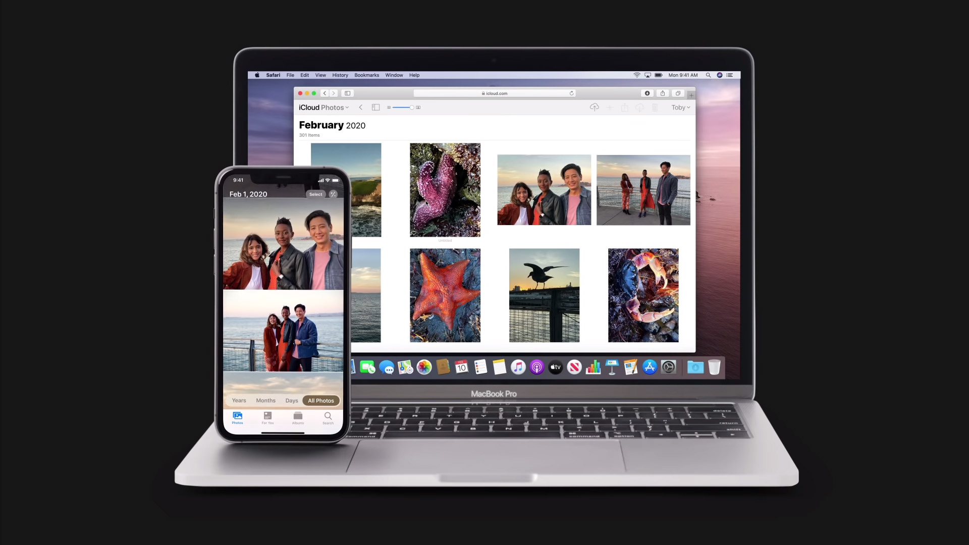 iCloud being used to access photos on a phone and a laptop.