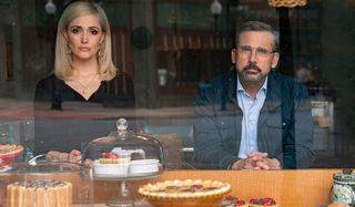 Irresistible Rose Byrne and Steve Carell staring out of the cafe window