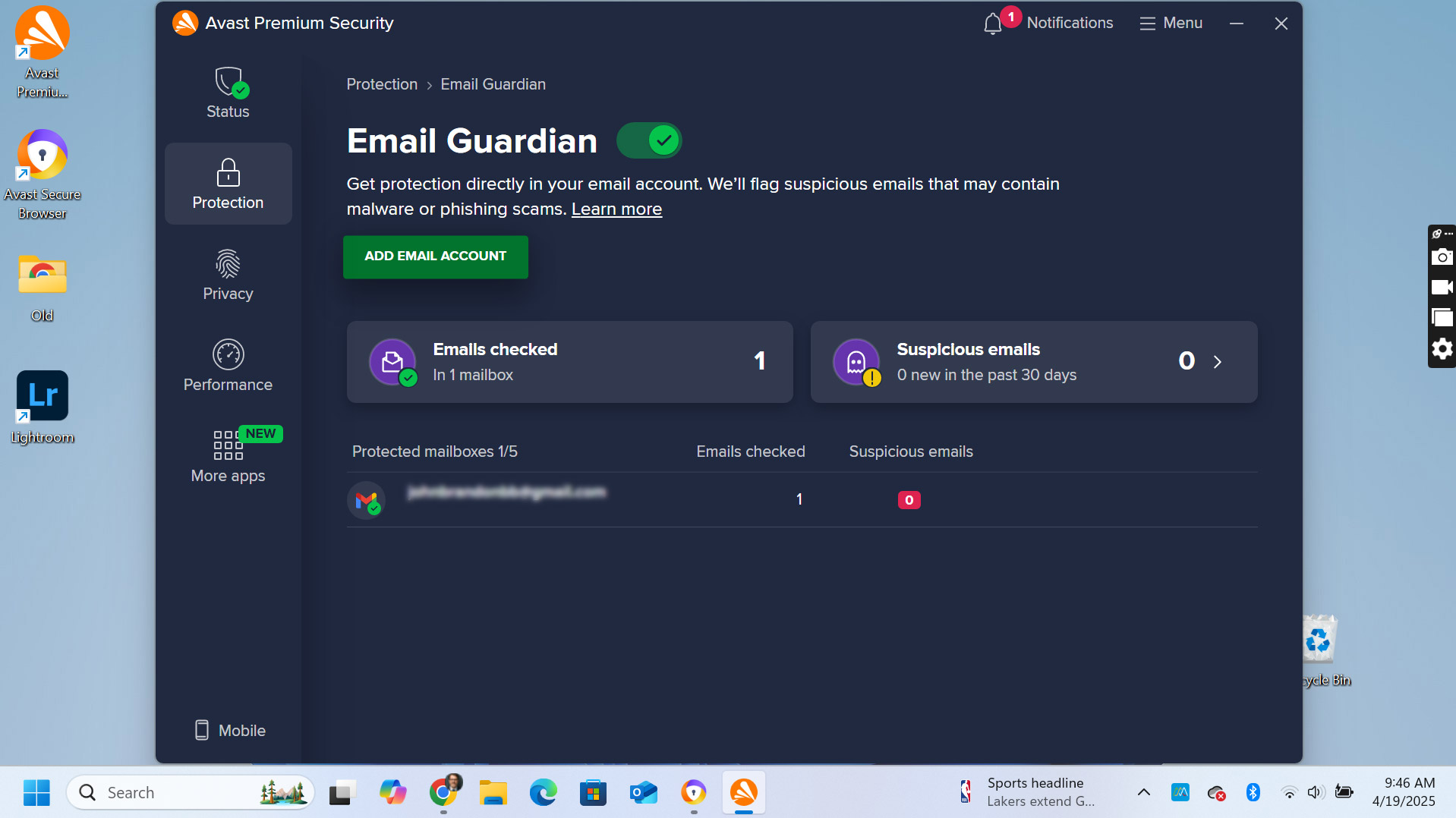 A screenshot of the Avast Premium Email Guardian menu.