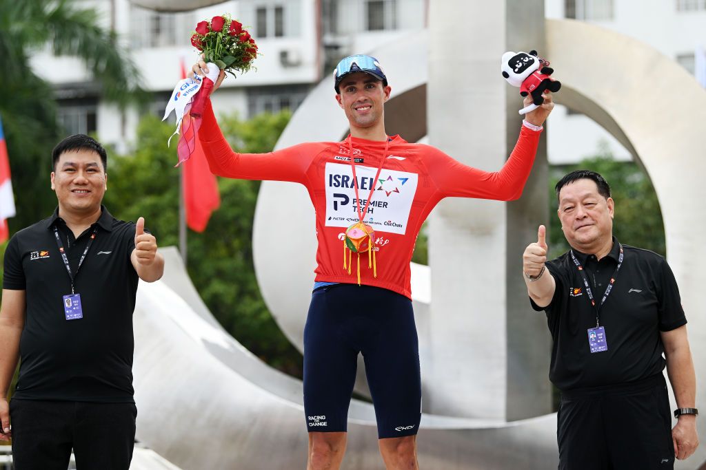 BAMA CHINA OCTOBER 17 Ethan Vernon of The United Kingdom and Team Israel Premier Tech celebrates at podium as Red Leader Jersey winner during the 5th GreeTour Of Guangxi 2024 Stage 3 a 214km stage from Jingxi to Bama UCIWT on October 17 2024 in Bama China Photo by Dario BelingheriGetty Images