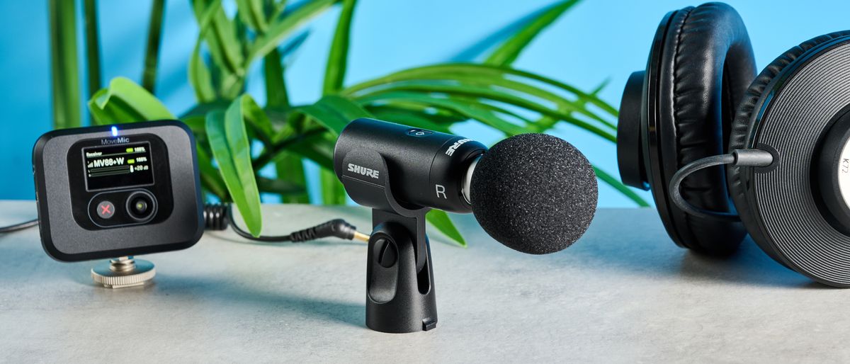 the black shure movemic 88+ for phone-first content creation, with wireless bluetooth connection and a receiver for camera connection