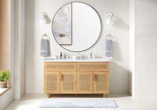 oak and cane vanity with marble top