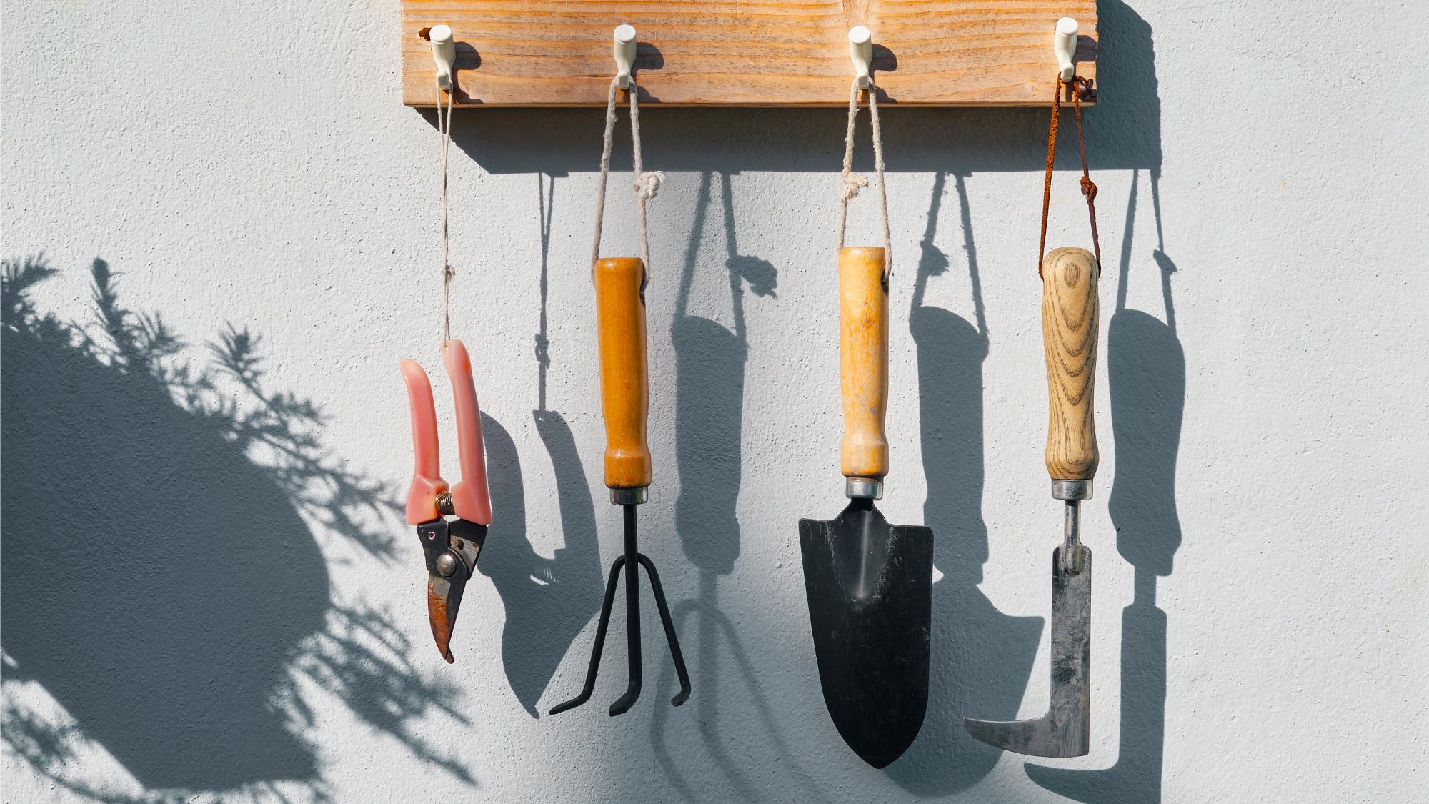 garden tools hanging on pegs