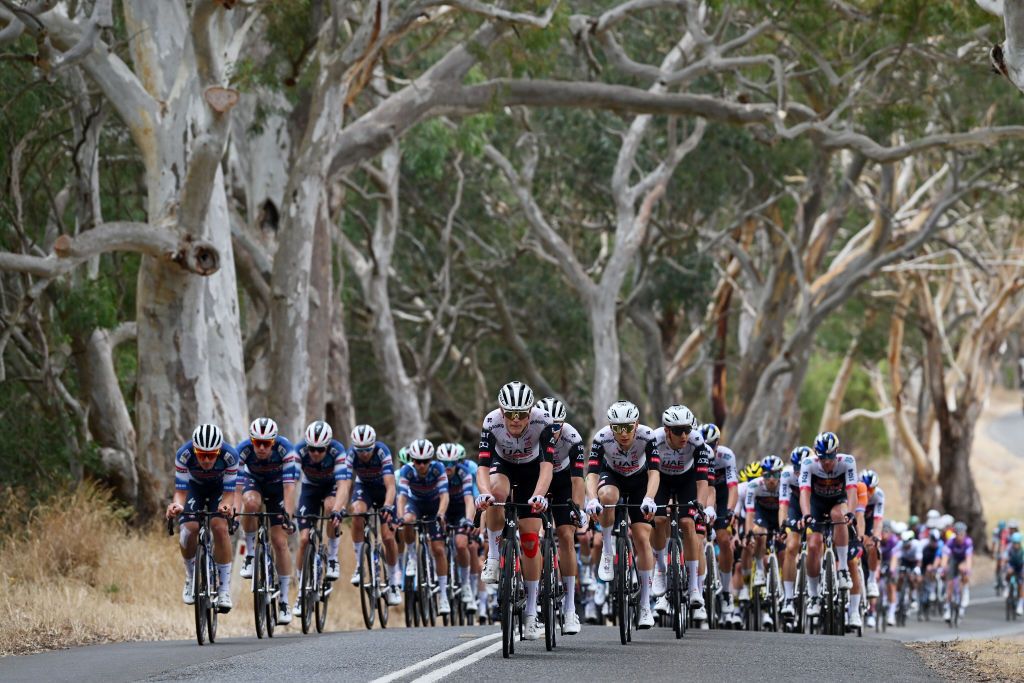 URAIDLA AUSTRALIA JANUARY 23 Julius Johansen of Denmark and UAE Team Emirates Xrg leads the peloton during the 25th Santos Tour Down Under 2025 Stage 3 a 1475km stage from Norwood to Uraidla 491m UCIWT on January 22 2025 in Uraidla Australia Photo by Dario BelingheriGetty Images