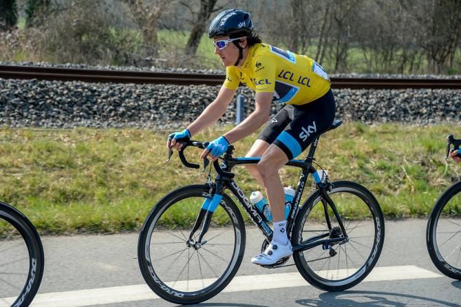Geraint Thomas (Sky) spends his first day out on the road in the Paris-Nice leader's jersey