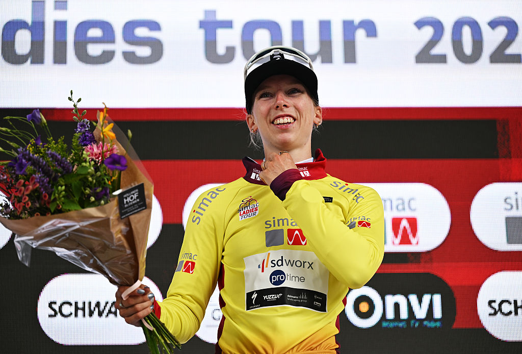 LEUVEN, NETHERLANDS - SEPTEMBER 02: Lorena Wiebes of Netherlands and Team SD Worx - Protime celebrates at podium as Yellow Leader Jersey winner during the 27th Simac Ladies Tour 2025, Stage 1 a 81.3km stage from Leuven to Leuven / #UCIWWT / on September 02, 2025 in Leuven, Netherlands. (Photo by Luc Claessen/Getty Images)