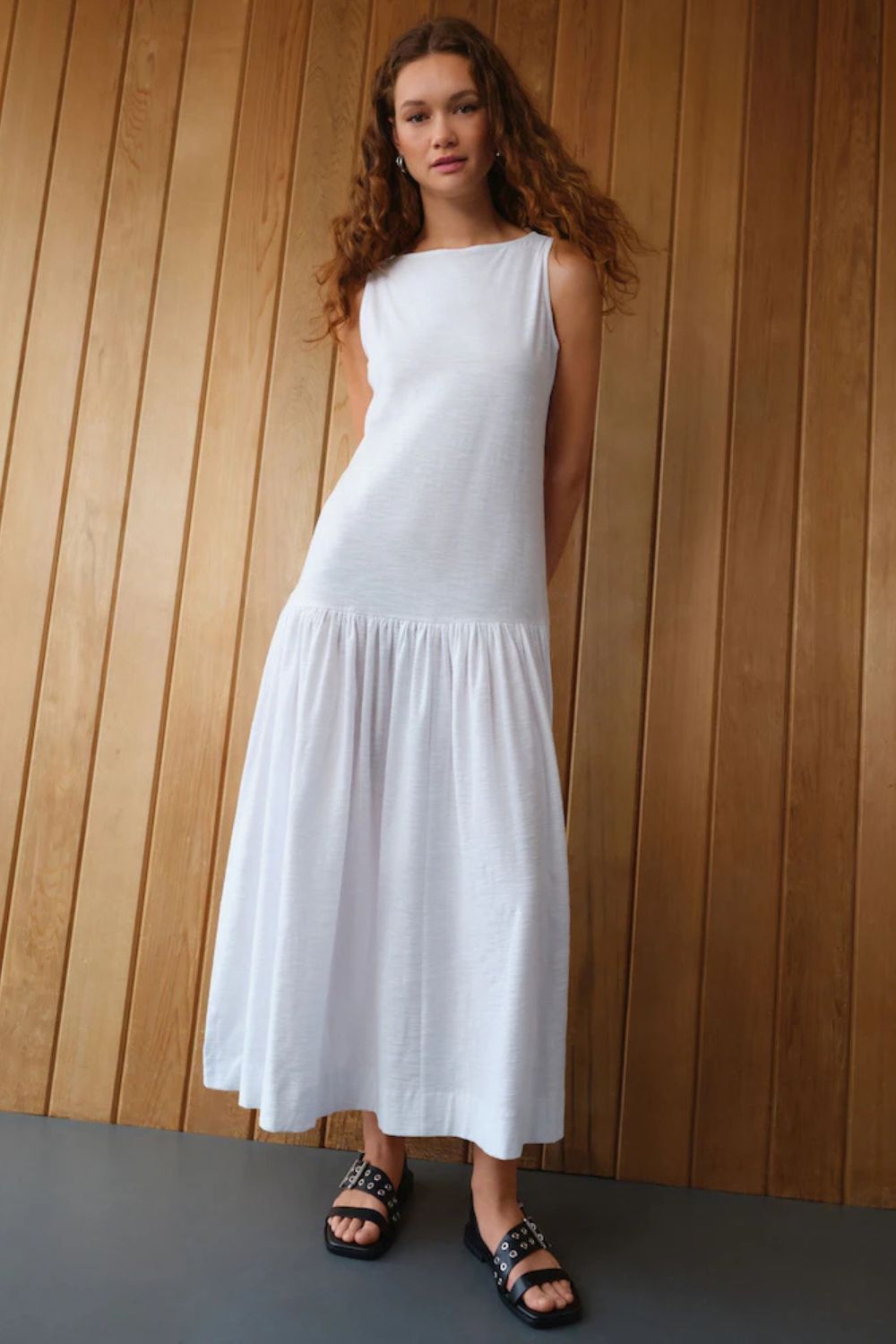 Next White Sleeveless Drop Waist 100% Cotton Crew Neck Midi Dress