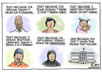 Political cartoon U.S. Trump immigration racism wall White House