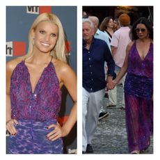 Side-by-side of Jessica Simpson and Catherine Zeta-Jones in the same purple Ungaro dress