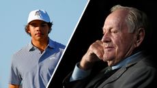 (left) Charlie Woods looks on during the first round of the 2024 PNC Championship and Jack Nicklaus rests his head on his right hand (right)