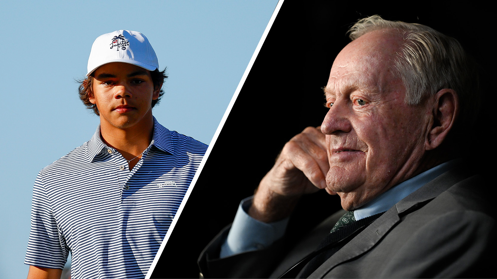 (left) Charlie Woods looks on during the first round of the 2024 PNC Championship and Jack Nicklaus rests his head on his right hand (right)