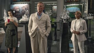 Jessica Henwick, Daniel Craig and Janelle Monae in Glass Onion: A Knives Out Mystery