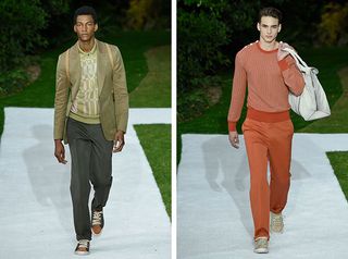 Male models wearing Green and orange clothes from the Berluti SS2015 collection