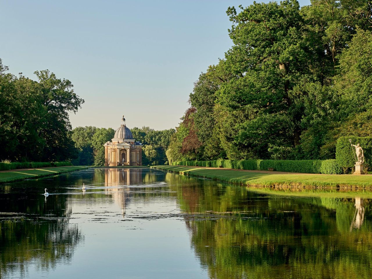 The pavilion stands at the south end of the Long Water. The main entrance is placed on axis with the house, since rebuilt. The Archer Pavilion, Wrest Park, Bedfordshire. ©Paul Highnam for Country Life