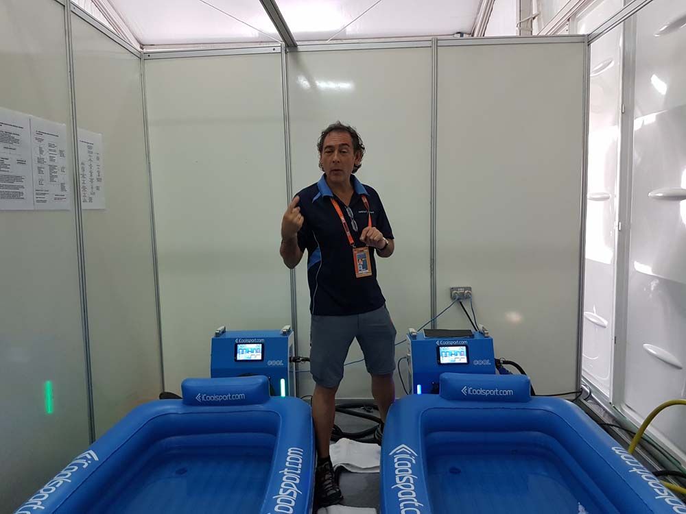 Dr. Alonso shows off the two inflatable 15C pools