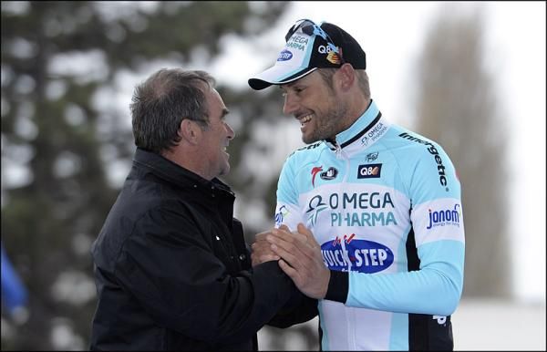 French legend Bernard Hinault congratulates Tom Boonen on the Paris-Roubaix podium.