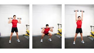 Man demonstrates three stages of the squat to press exercise