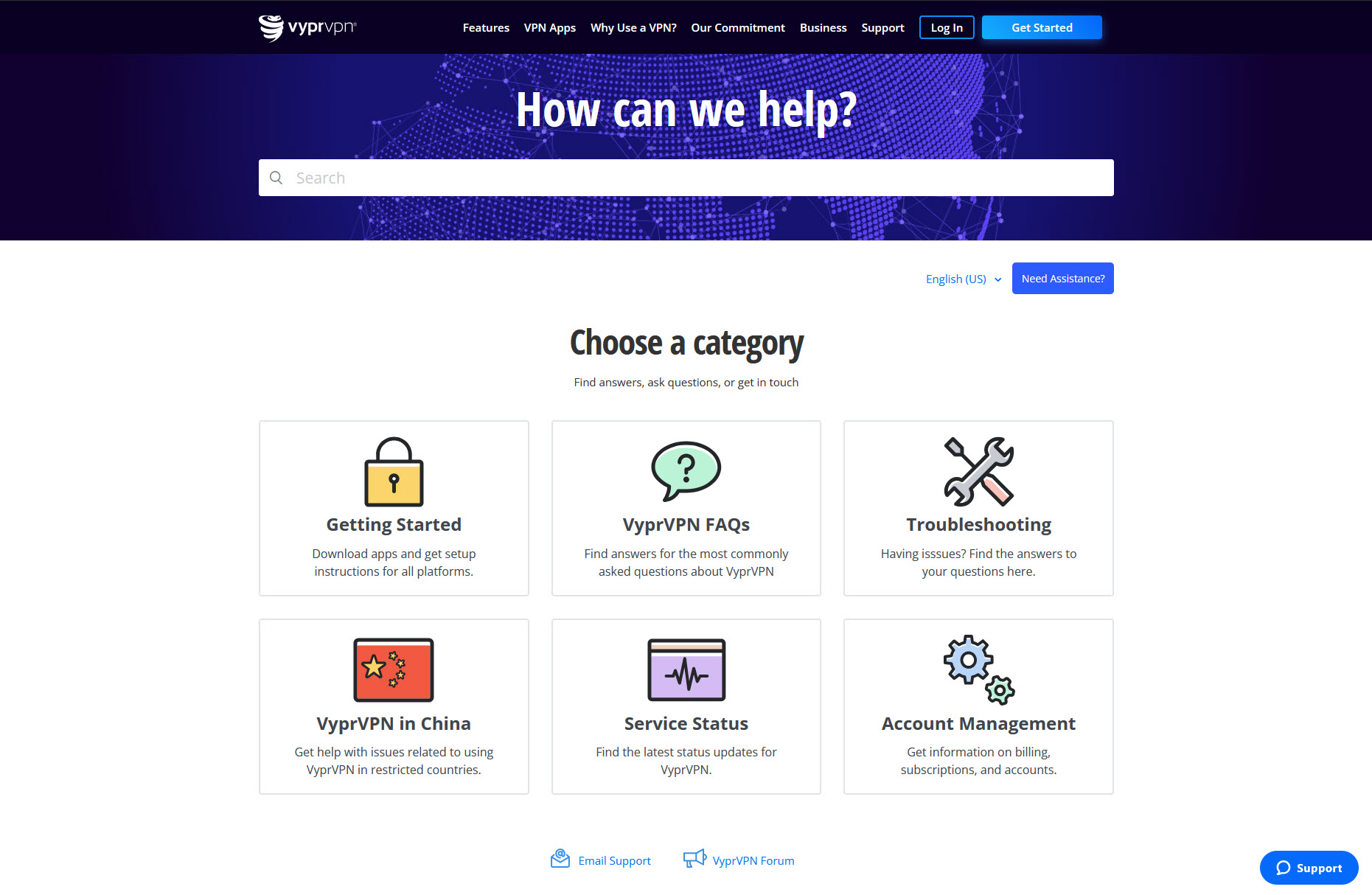 An image of the VyprVPN support page