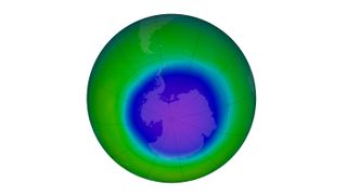 The false-color view of the monthly-averaged total ozone over the Antarctic pole for October 2022. The blue and purple colors are where there is the least ozone.