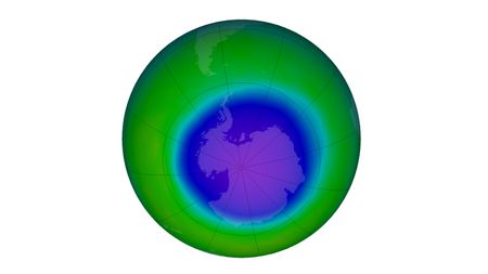 The false-color view of the monthly-averaged total ozone over the Antarctic pole for October 2022. The blue and purple colors are where there is the least ozone.