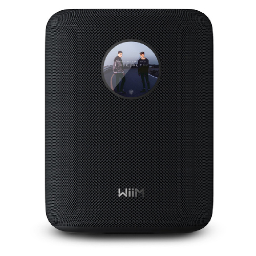 A black WiiM Sound wireless speaker on a plain white background