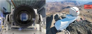 A front view of the car-sized LSST camera and its 3,200-megapixel focal plane (left) and its position atop the Rubin Observatory's Simonyi Survey Telescope (right).