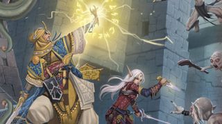 Pathfinder artwork of a spell-caster and rogue battling monsters