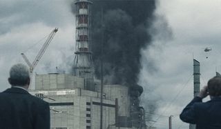 Smoke rising from reactor 4 on the HBO miniseries Chernobyl