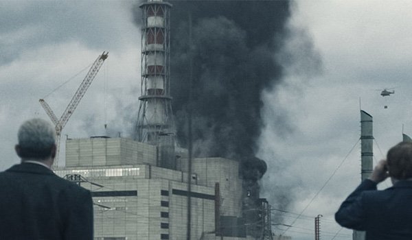 Smoke rising from reactor 4 on the HBO miniseries Chernobyl