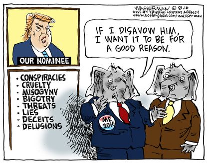 Political cartoon U.S. GOP disavow Donald Trump reasons