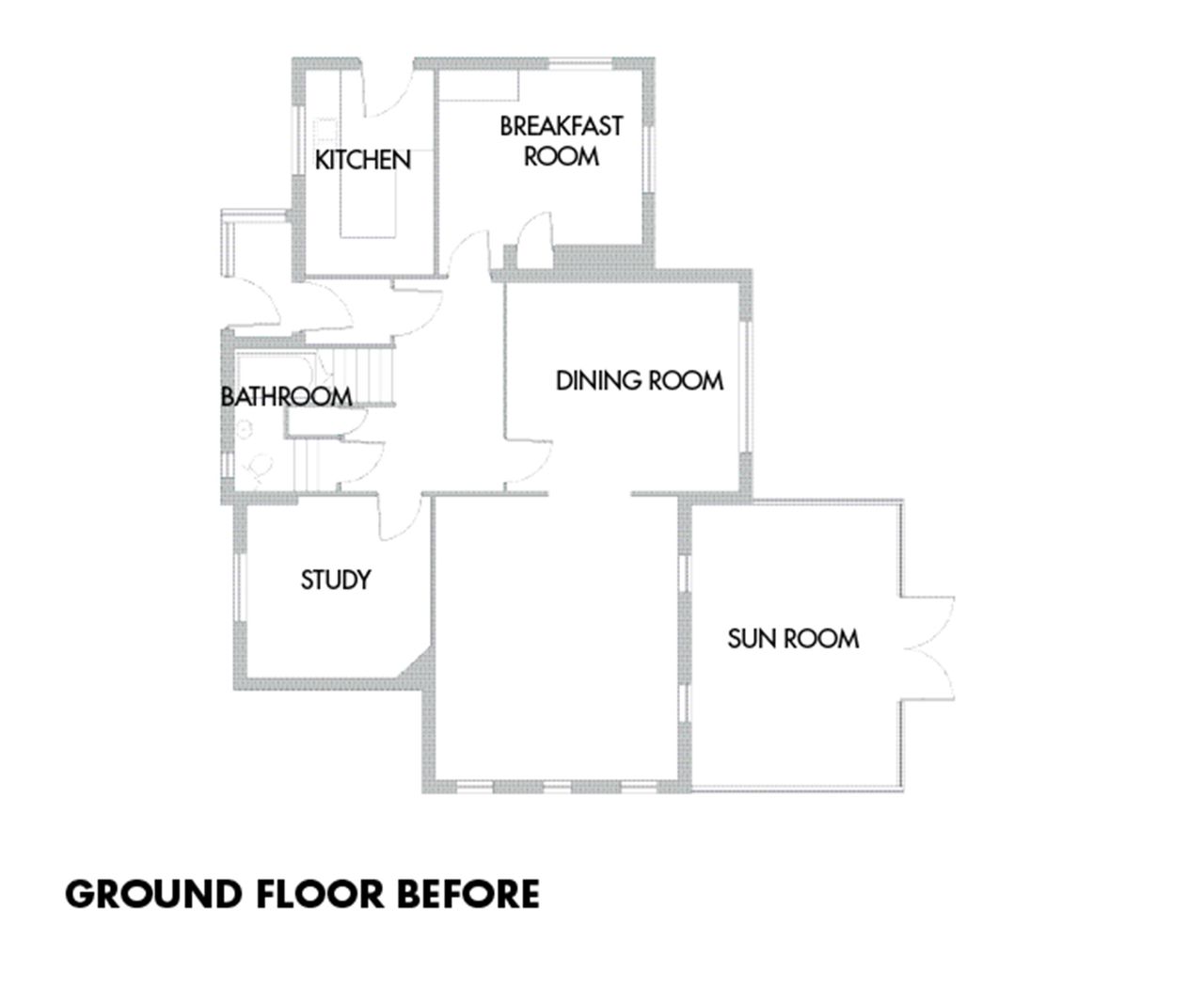 Floorplan of a ground floor home before an extension