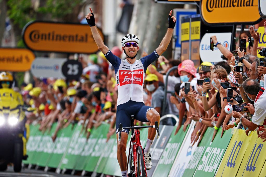 QUILLAN FRANCE JULY 10 Bauke Mollema of The Netherlands and Team Trek Segafredo celebrates at arrival during the 108th Tour de France 2021 Stage 14 a 1837km stage from Carcassonne to Quillan LeTour TDF2021 on July 10 2021 in Quillan France Photo by Chris GraythenGetty Images