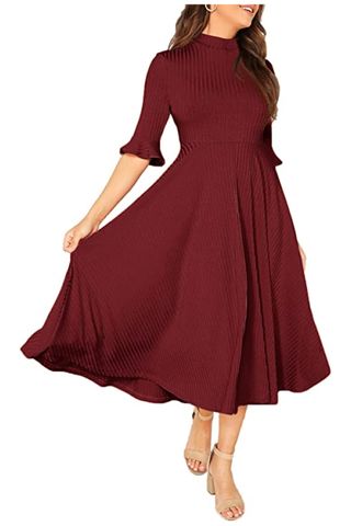 Verdusa Women's Knit Bell Sleeve Fit and Flare Midi Dress