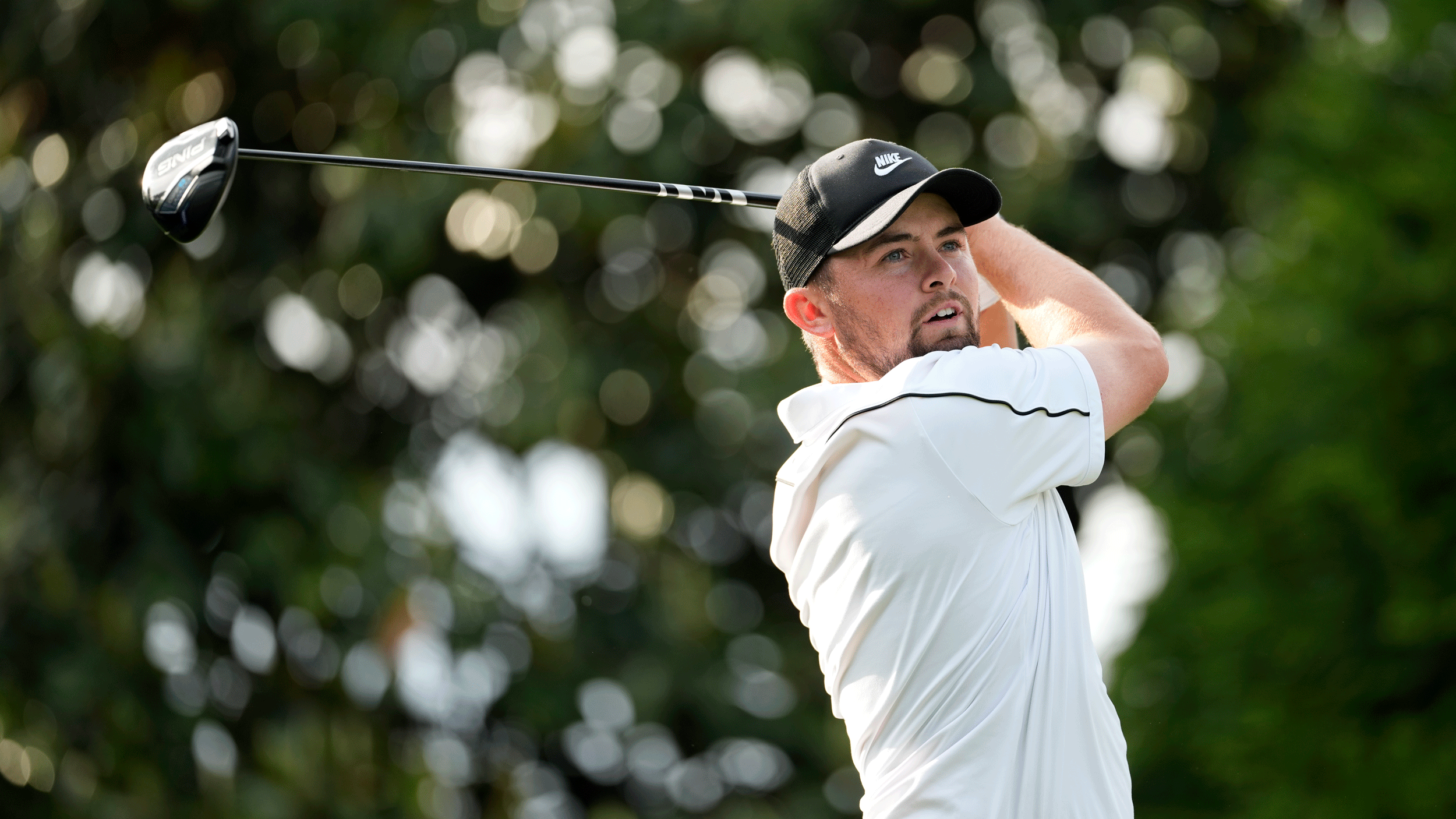Alex Fitzpatrick hits a drive during round three of the 2026 Truist Championship