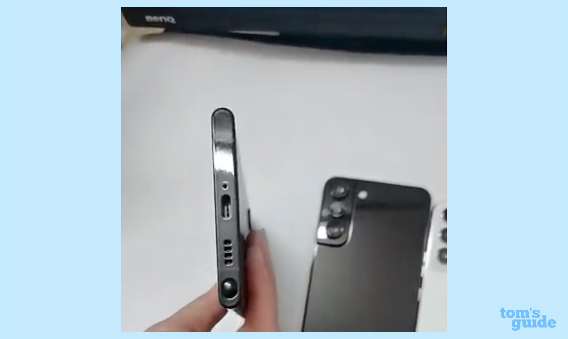 The Samsung Galaxy S22 Ultra from the bottom, showing the curved sides and the S Pen port.