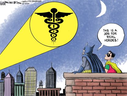Editorial Cartoon U.S. Batman Robin Coronavirus superheroes medical staff healthcare workers