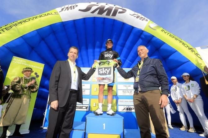 Pete Kennaugh collects the Coppi e Bartali overall winner's jersey