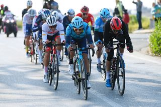 FERMO ITALY MARCH 11 LR Simone Velasco of Italy and Team Astana Qazaqstan and Warren Barguil of France and Team Arka Samsic compete in the breakaway during the 57th TirrenoAdriatico 2022 Stage 5 a 155km stage from Sefro to Fermo 317m TirrenoAdriatico WorldTour on March 11 2022 in Fermo Italy Photo by Tim de WaeleGetty Images