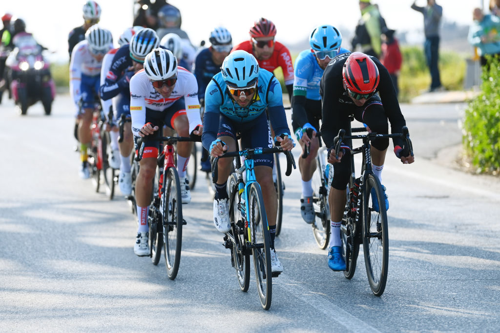 FERMO ITALY MARCH 11 LR Simone Velasco of Italy and Team Astana Qazaqstan and Warren Barguil of France and Team Arka Samsic compete in the breakaway during the 57th TirrenoAdriatico 2022 Stage 5 a 155km stage from Sefro to Fermo 317m TirrenoAdriatico WorldTour on March 11 2022 in Fermo Italy Photo by Tim de WaeleGetty Images