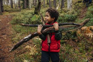 boy holding sticks in the woods